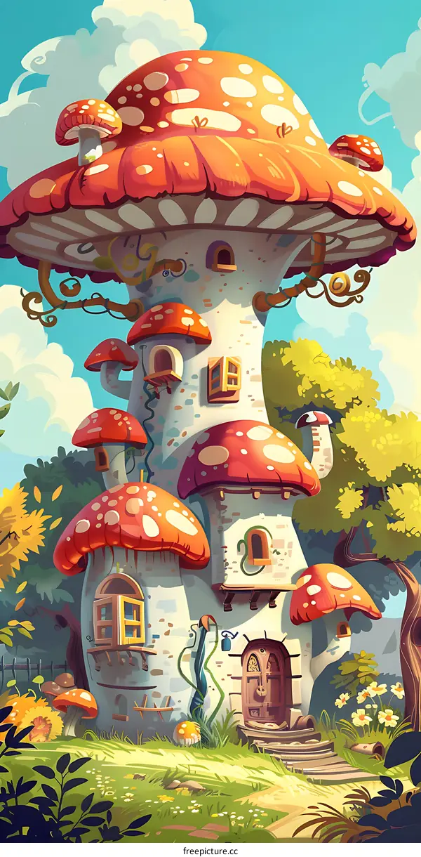 Mushroom House in the Forest Illustration