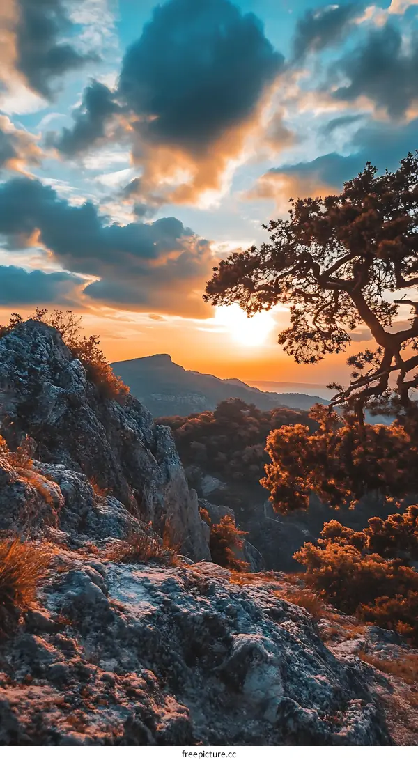 Sunset Over Mountain Range with Tree Silhouette