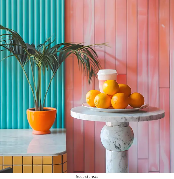 Orange Fruits and Coffee Cup on Marble Table with Pink and Blue Wall Background