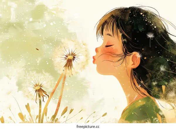 Little girl blowing dandelion seeds in the wind