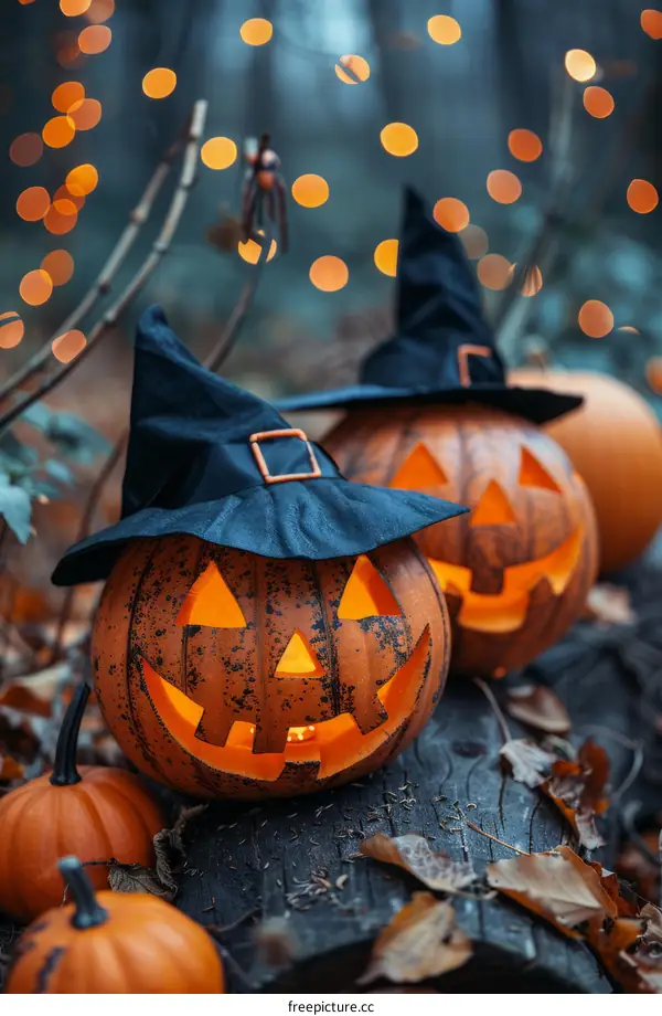 Two Halloween pumpkins in witch hats in a fall forest