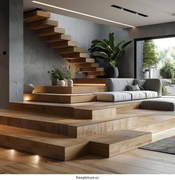Modern Living Room with Wooden Stairs and Gray Walls