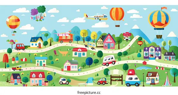 Colorful Illustration of a Town with Houses, Cars, and Balloons