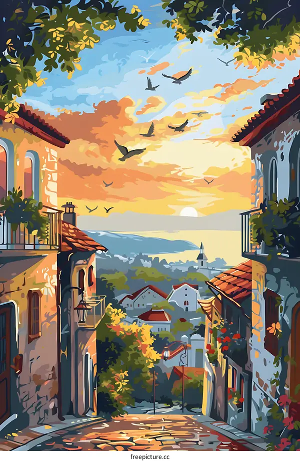 Sunset View of a European Town