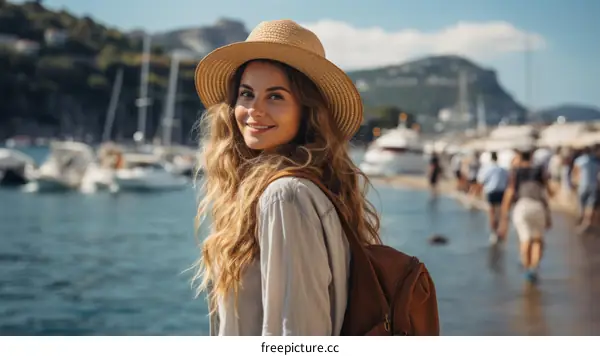 A young woman wearing a straw hat smiles as she looks back at the camera.