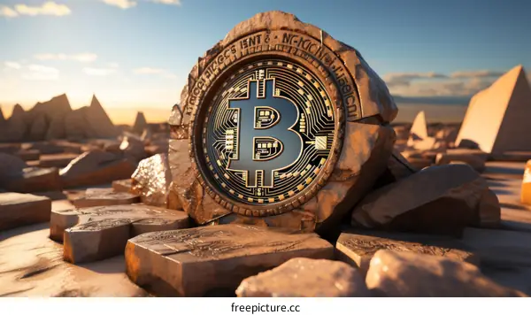 A large gold Bitcoin embedded in rocks in the desert