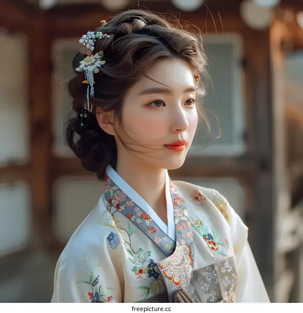 Portrait of a young woman in traditional Korean dress, or Hanbok
