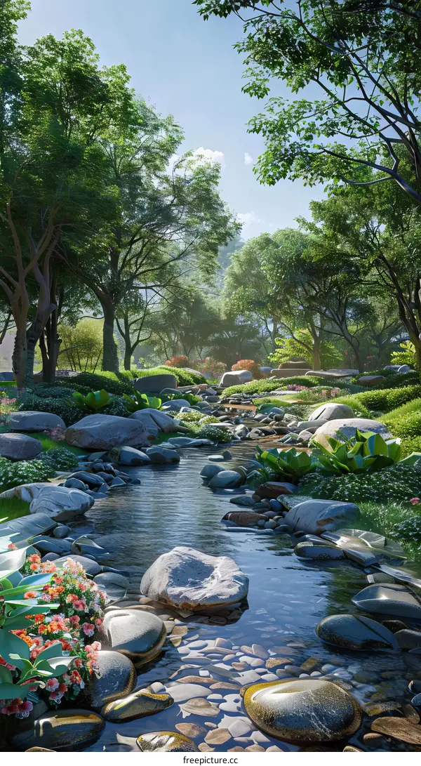 Tranquil Stream Flowing Through Lush Greenery