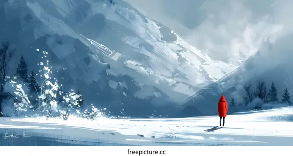 A woman in a red coat standing in a snowy field looking at a mountain