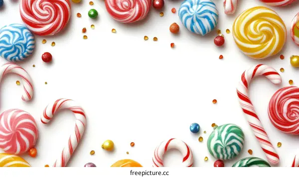Colorful Candies and Lollipops Border on White Background
