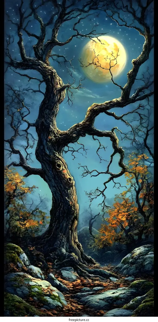 Night Sky with Full Moon and Large Oak Tree