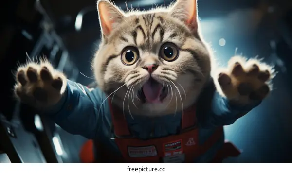 A cute cat wearing a spacesuit is floating in space