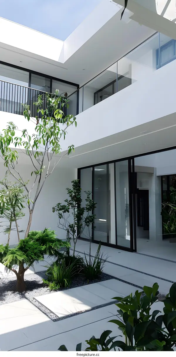 Modern Minimalist Courtyard with White Walls and Greenery