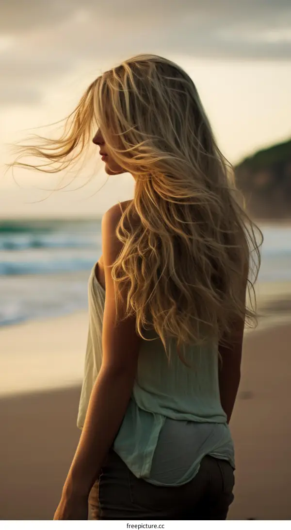 Blonde woman standing on beach looking out at the ocean