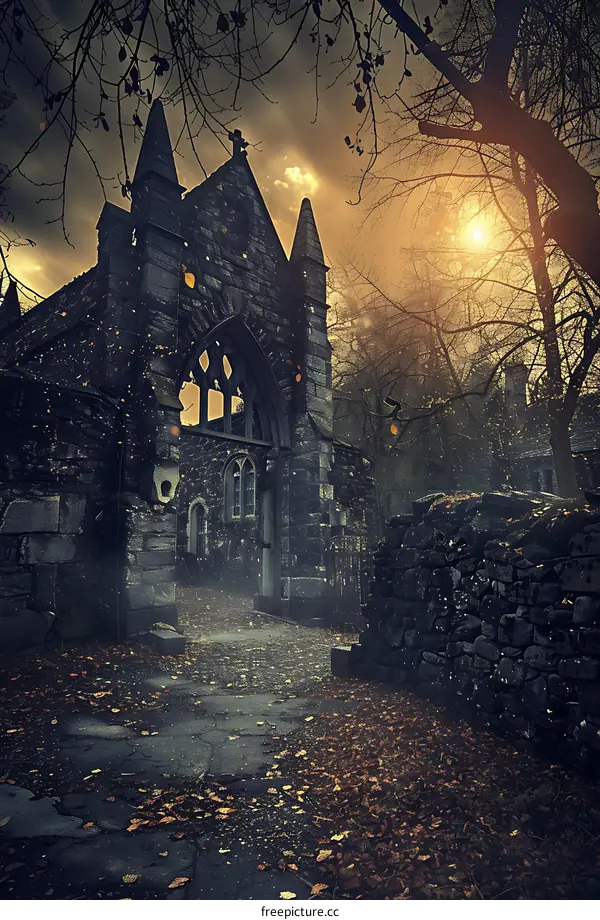 Stone Church Gateway in a Foggy Forest