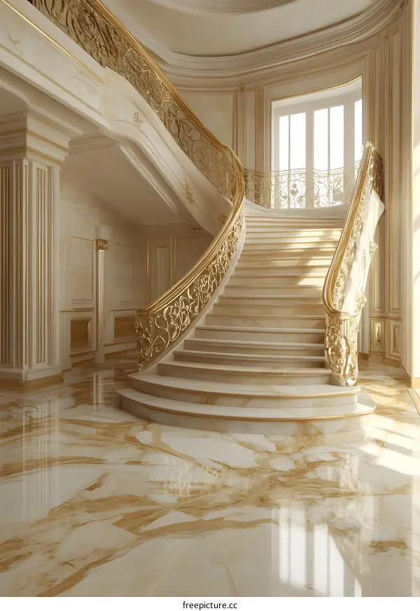 Elegant Marble Staircase with Golden Railing