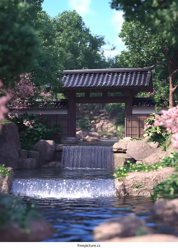 Japanese Garden with Waterfall and Torii Gate