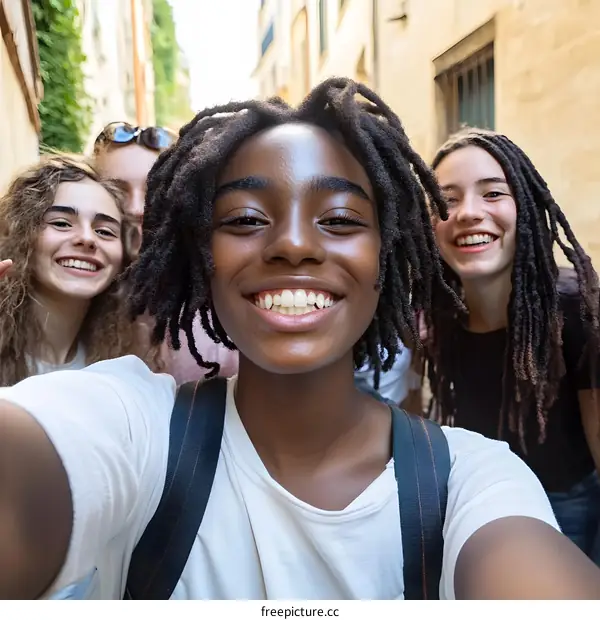 Smiling Friends Taking a Selfie in the Street