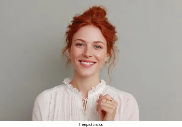 Smiling Woman with Red Hair on Gray Background