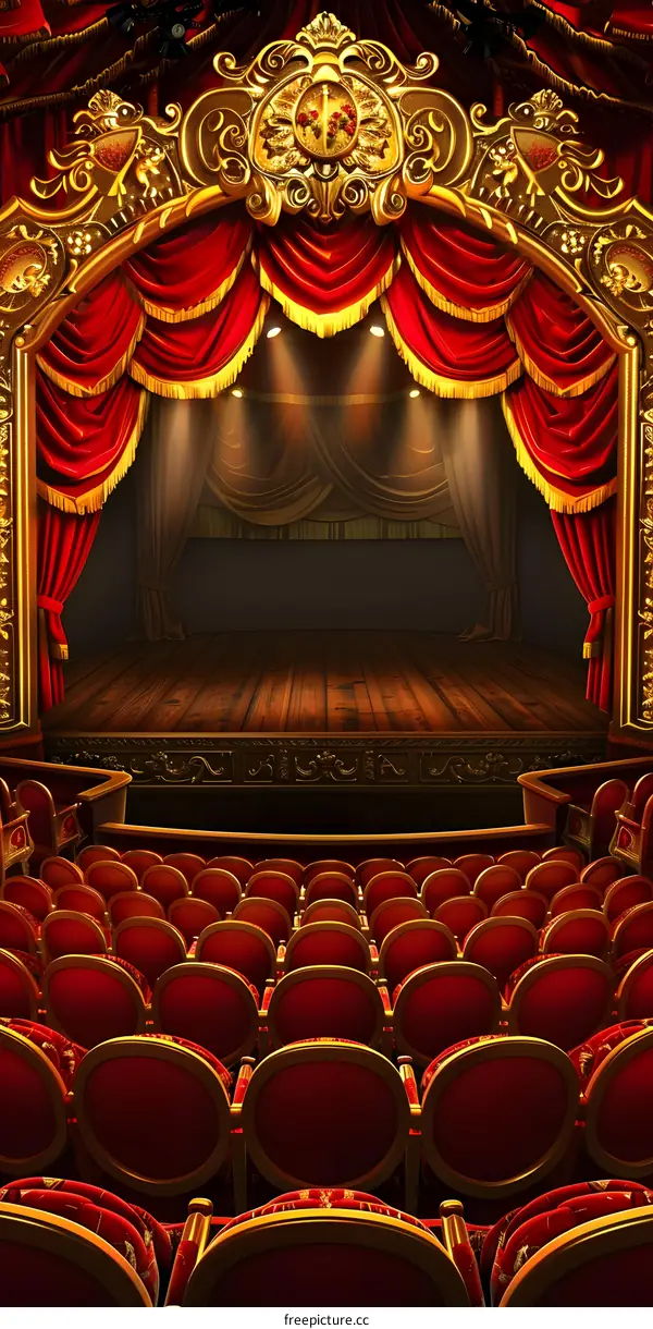 Theater Stage with Red Curtains and Golden Frame