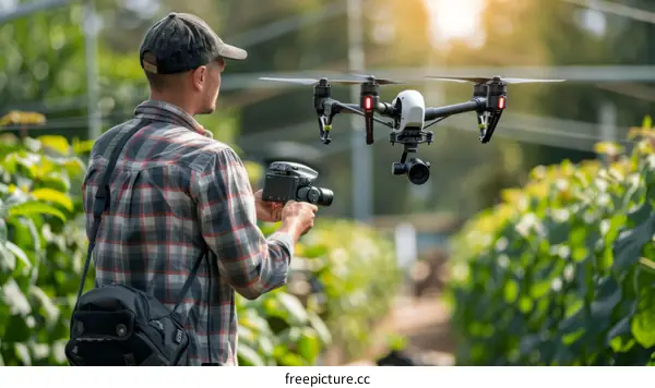 Caucasian male farmer flying a drone over his lush green vineyard