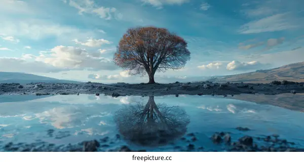 Solitary Tree Reflecting in Still Pond
