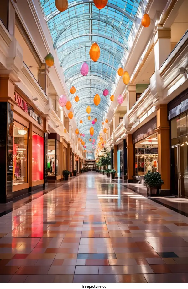 An empty shopping mall with colorful hanging lights