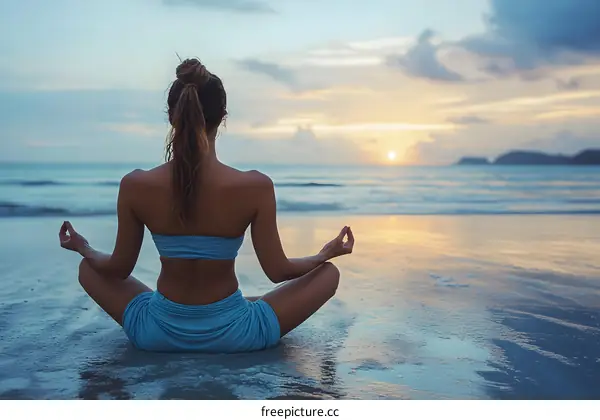 Woman Meditating on the Beach at Sunset