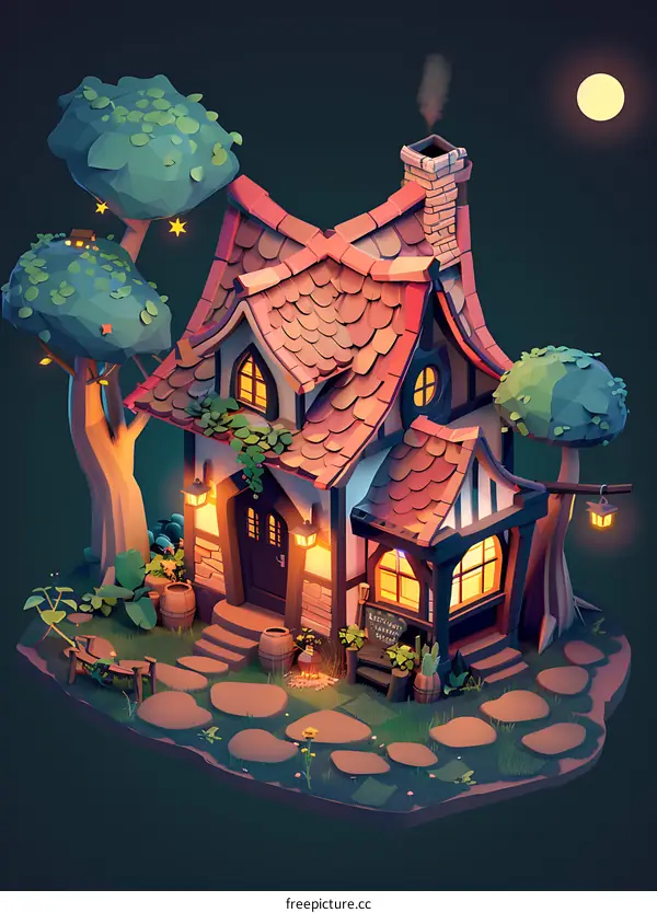 Cozy Cottage In The Woods At Night