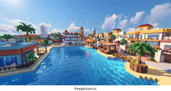 3D Pixel Art Minecraft Style Tropical Cityscape