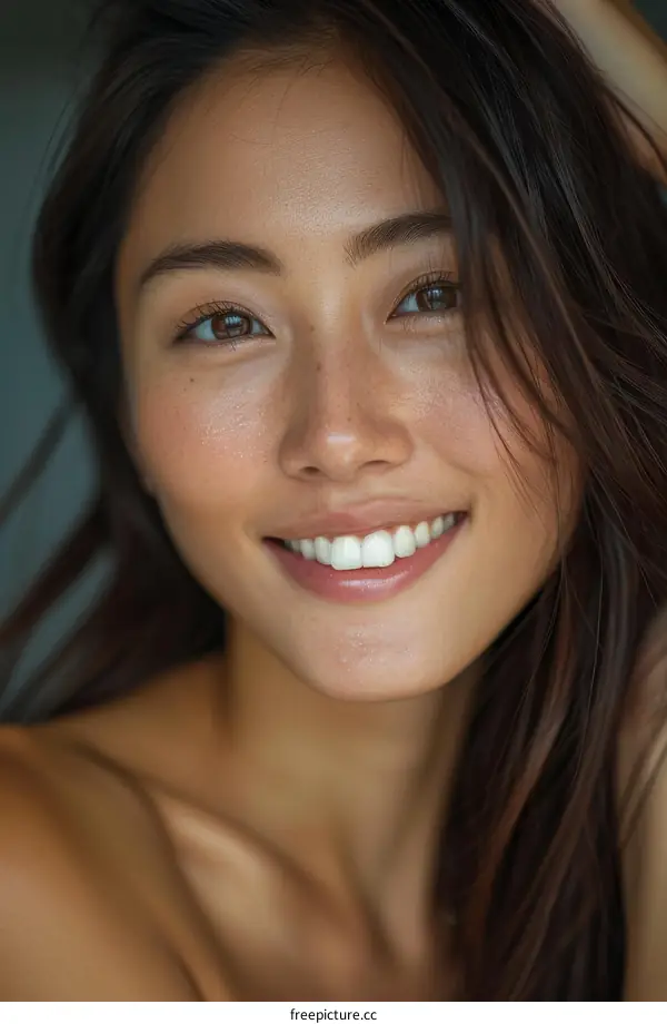 portrait of a beautiful smiling Asian woman with freckles on her face