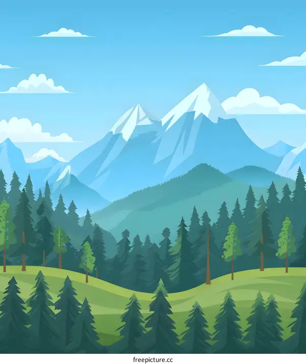 Mountain Landscape Illustration with Snowy Peaks