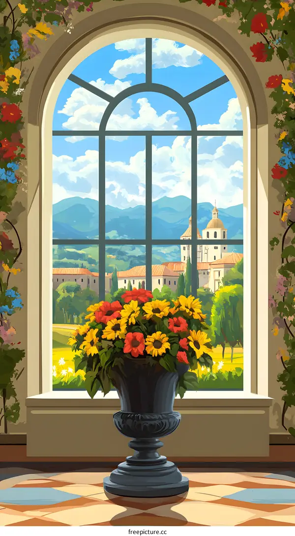 Floral Arrangement With Window View Of Italian Landscape