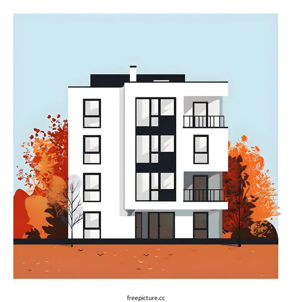 Modern Minimalist Apartment Building Autumn Illustration