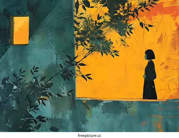 Woman in Silhouette Looking Out Window in a Green and Yellow Building