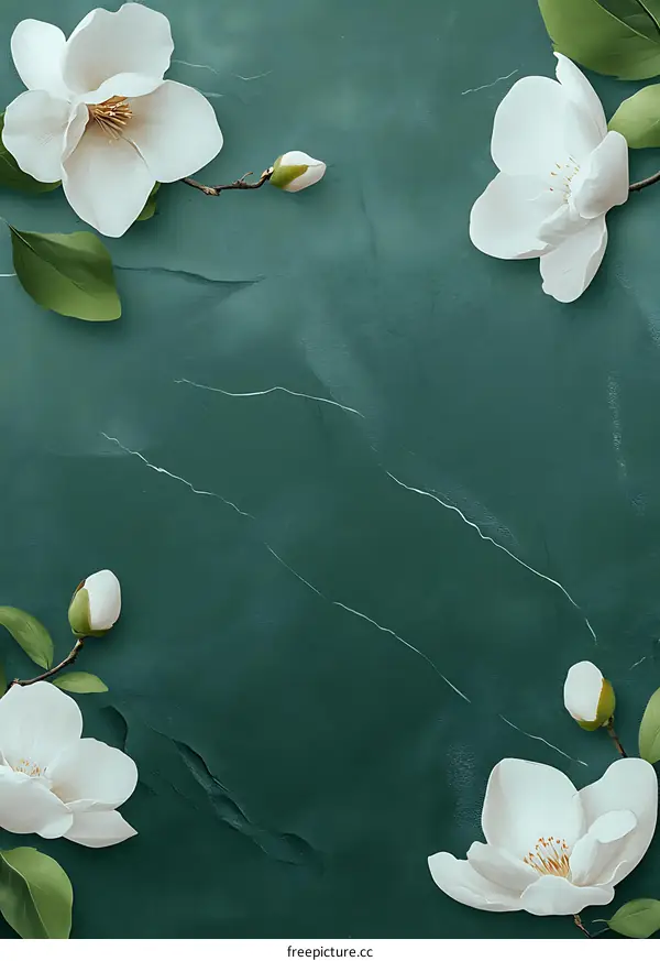 White Magnolia Flowers on Green Marble Background