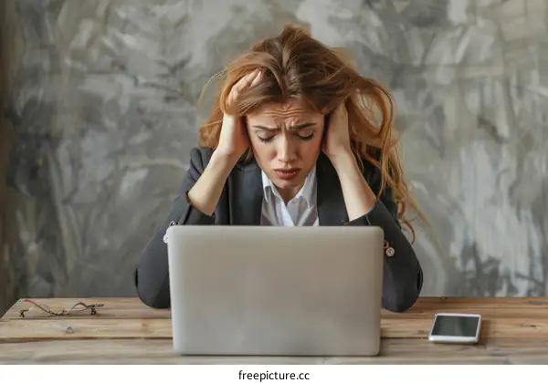 Frustrated businesswoman sitting at her desk in front of laptop
