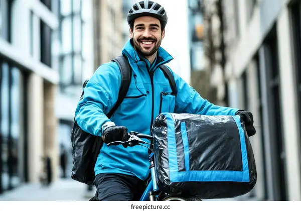 Delivery Man on Bicycle in City Street