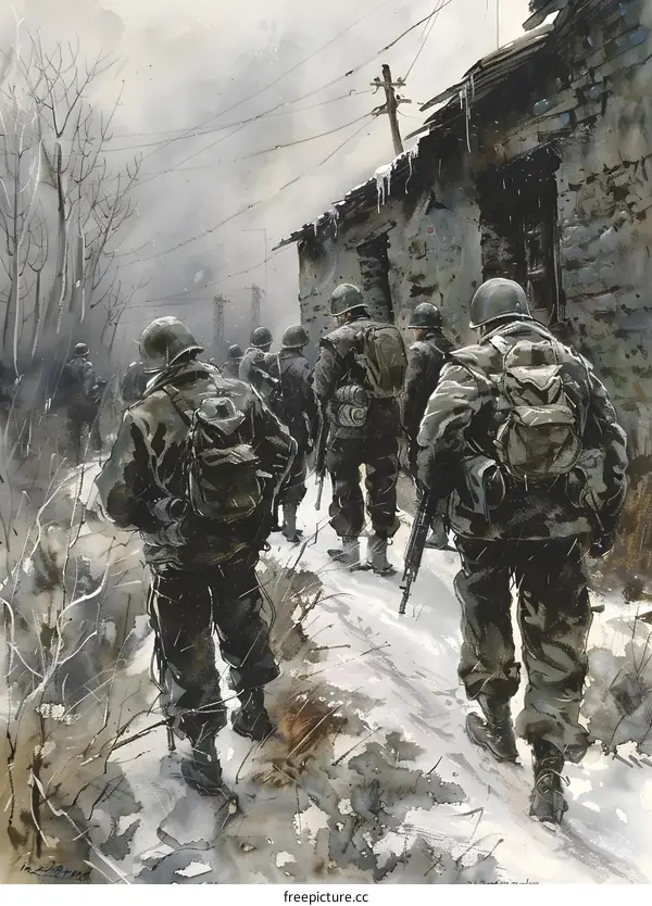 Soldiers Walking Through a Snowy Village During War