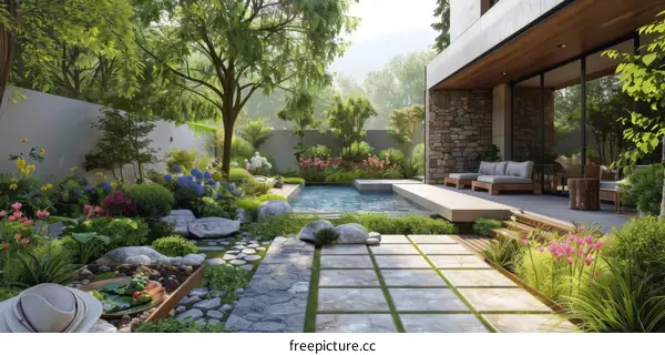 Courtyard with a pool and a garden