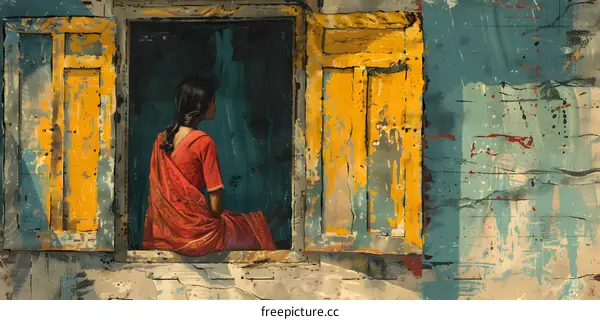 Woman Sitting in Window, Yellow Doors and Blue Wall