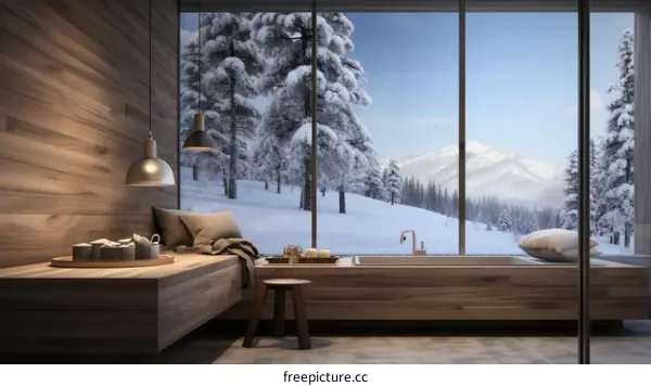 Minimalist wooden house interior with large windows and bathtub