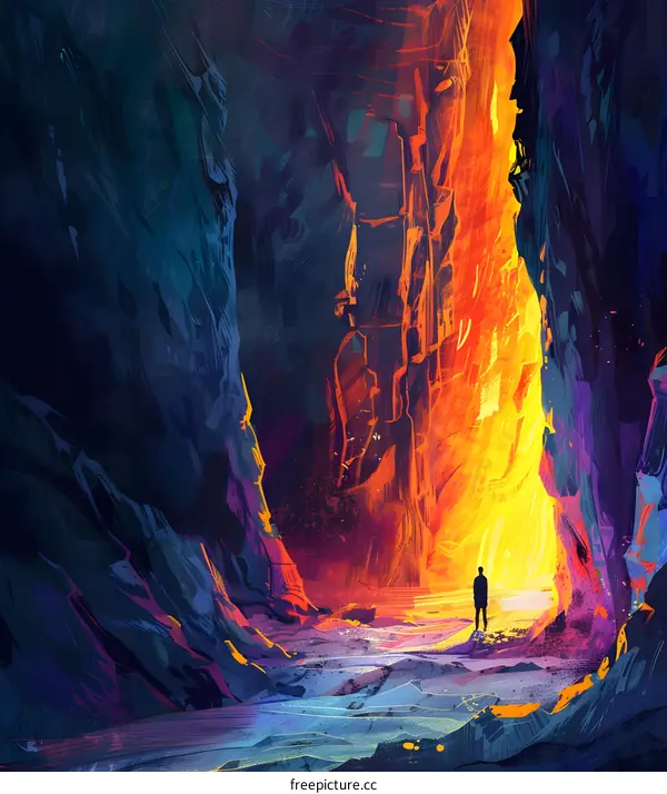 Man Standing at the Mouth of a Glowing Canyon