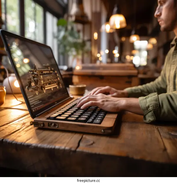 Man working on a wooden laptop in a dim room