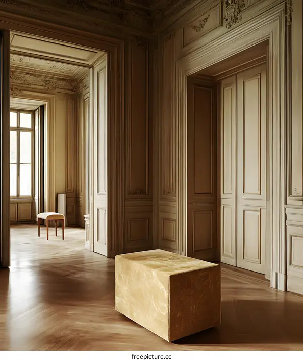 Classic Interior Design With Wooden Doors And  A Beige Ottoman