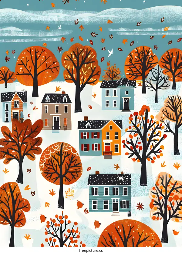 Autumn Village Illustration with Houses and Trees