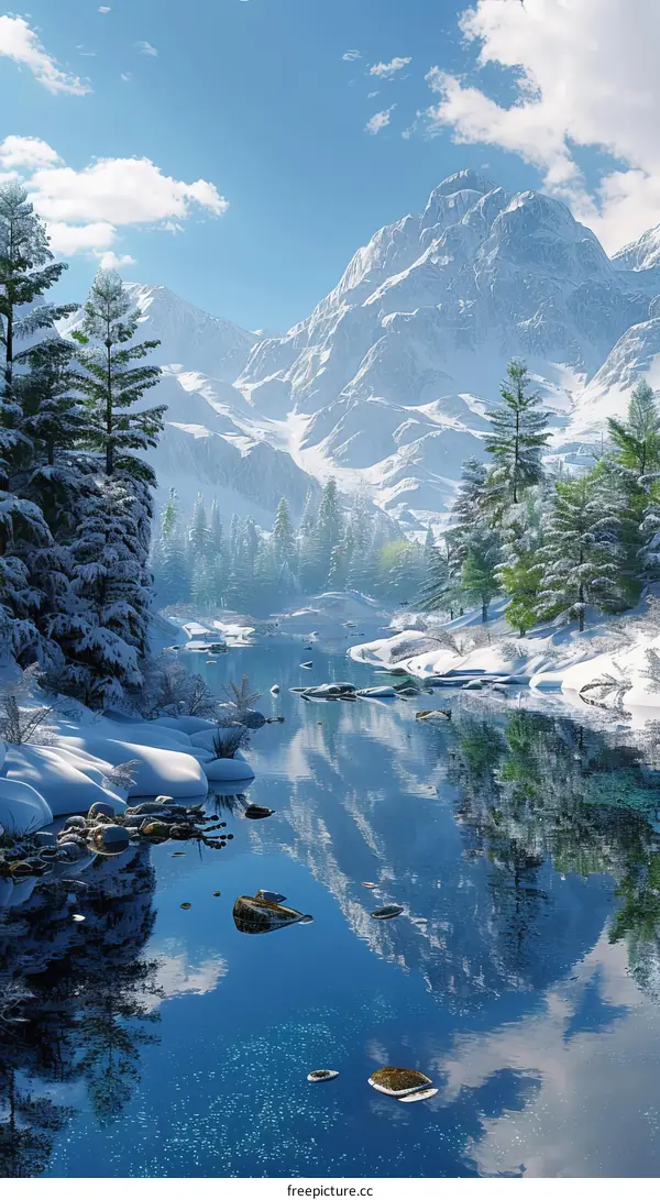 Snowy Mountain Landscape with River and Valley