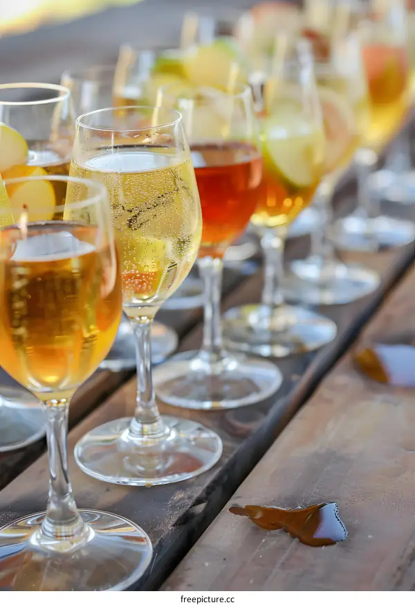 Close up of a row of glasses filled with cider