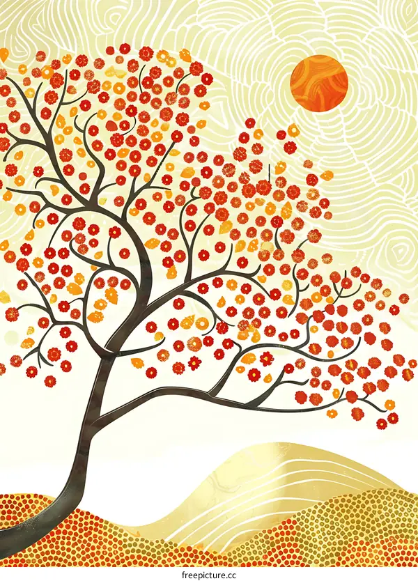 Abstract Tree with Red and Orange Flowers