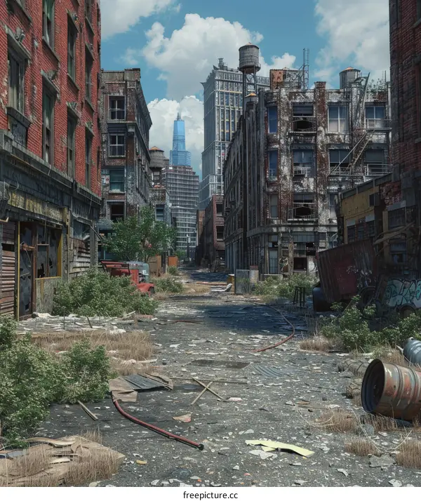 Post-Apocalyptic City Street with Ruined Buildings and Debris